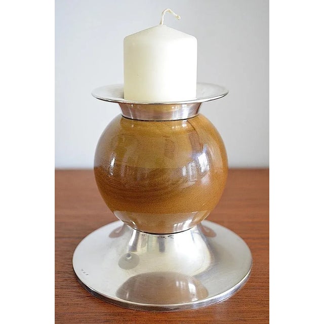 Art Deco / Bauhaus Design candlestick made of 835 silver with a central solid walnut ball. The candlestick with 835 / moon...