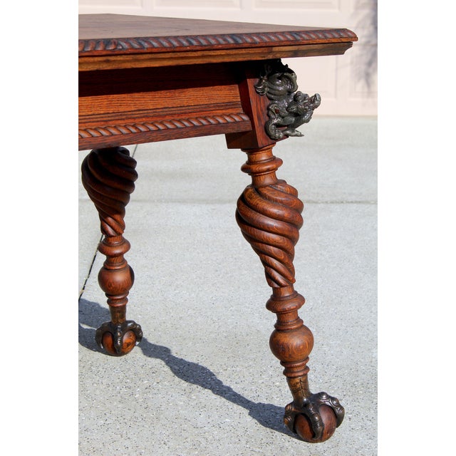 Antique Renaissance Revival Carved Oak Writing Table / Desk With Bronze Dragons & Clawed Feet For Sale - Image 12 of 18