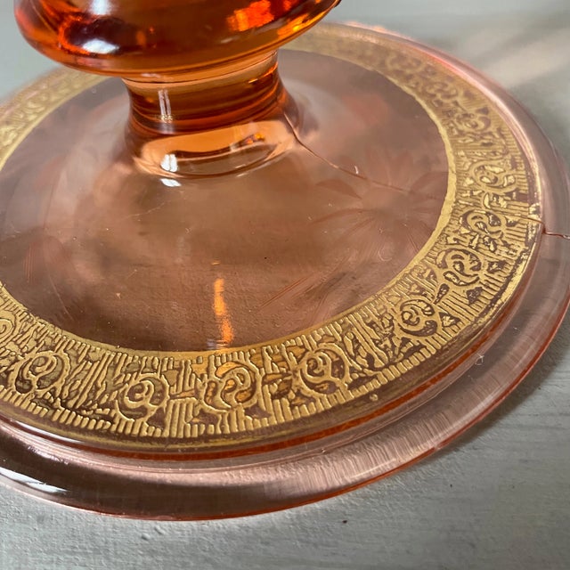 Vintage Depression Era Sandwich Glass Candle Holder With Gold Paint Accent and Etched Floral Design For Sale In Chicago - Image 6 of 10