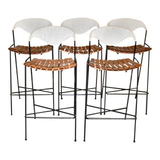 Vintage Arthur Umanoff Wrought Iron Barstools - Set of 5 For Sale