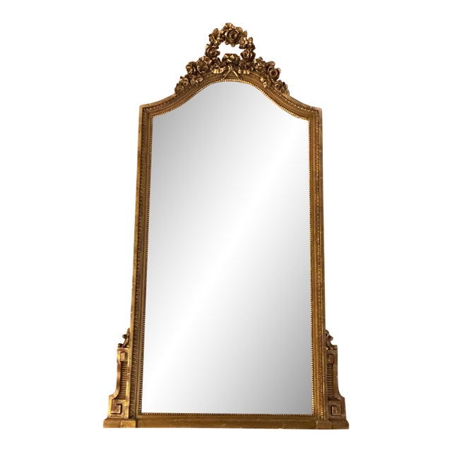 Late 19th Century French Louis XV Style Giltwood Mirror With Carved Garland of Flowers as Pediment For Sale