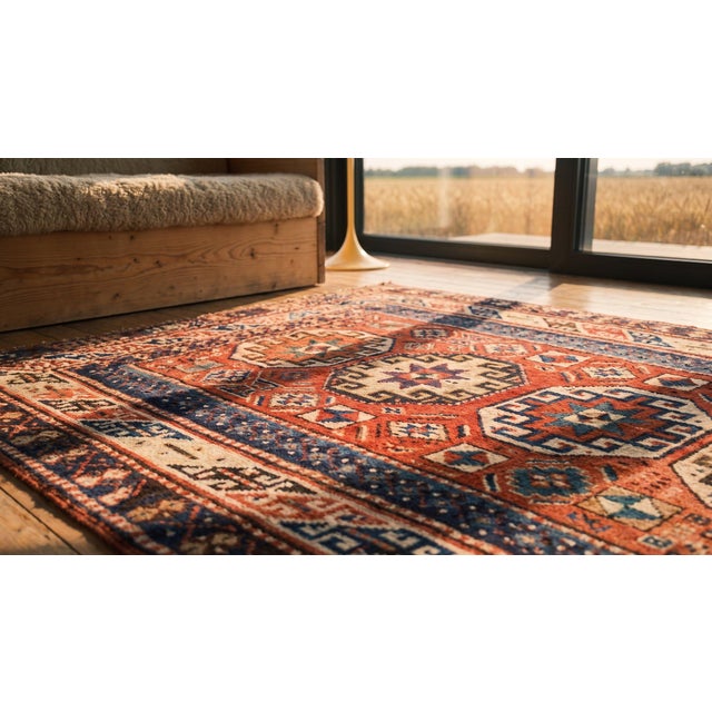 1900s Red Geometric Antique Caucasian Kazak Rug 4'4" X 8'0" Knotted Pile Wool Carpet For Sale In New York - Image 6 of 8