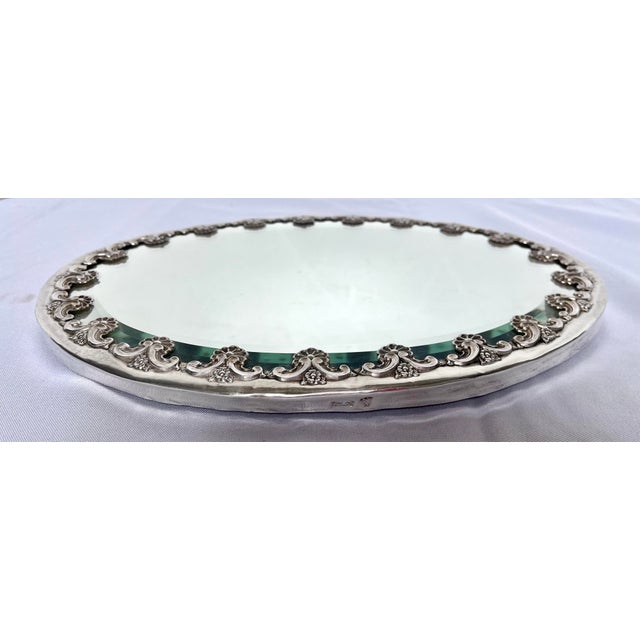 Metal Mid-20th Century Topázio Portuguese Ornate Silver-Plated Beveled Mirror Plateau Tray For Sale - Image 7 of 16