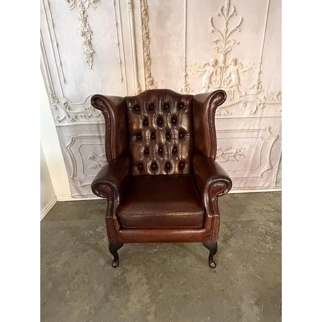 French Pair of Vintage English Tufted Leather Wingback Armchairs For Sale - Image 3 of 15
