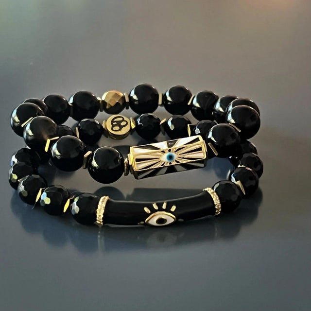 Gemstone Black Onyx Stone Evil Eye Protection Beaded Bracelet For Sale - Image 7 of 8