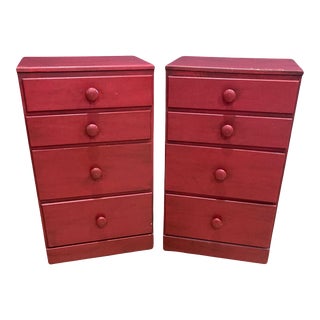 1950s Vintage Red Painted Pine Nightstands With Four Drawers and Casters, Set of 2 For Sale