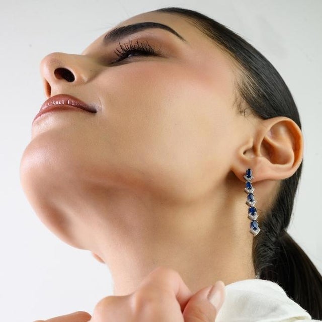 3.47 Carat Blue Sapphire Chandelier Line Earrings With Diamonds in 14k Gold- 2 Pieces For Sale In New York - Image 6 of 13