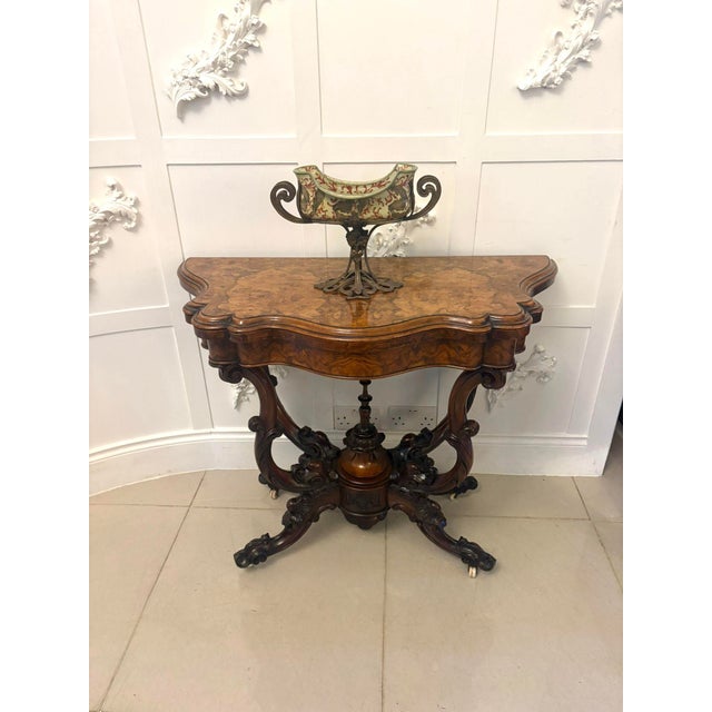 Antique Victorian Burr Walnut Card or Console Table with Carved Basket Base, 1850 For Sale - Image 3 of 16
