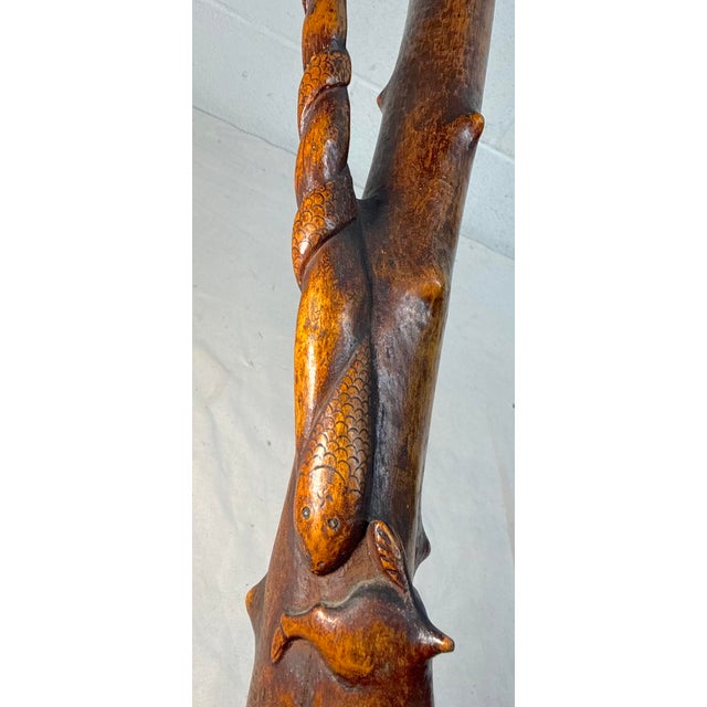 Large Antique 1800's Chinese Foo Dog Carved Wood Folk Art Walking Stick Cane For Sale - Image 9 of 18
