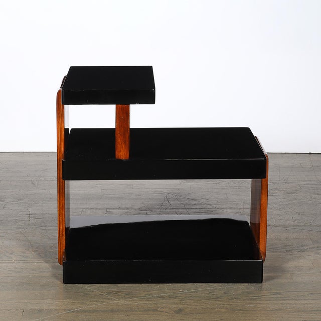 Art Deco Machine Age Three-Tier Black Lacquer & Walnut Side Table For Sale - Image 9 of 14