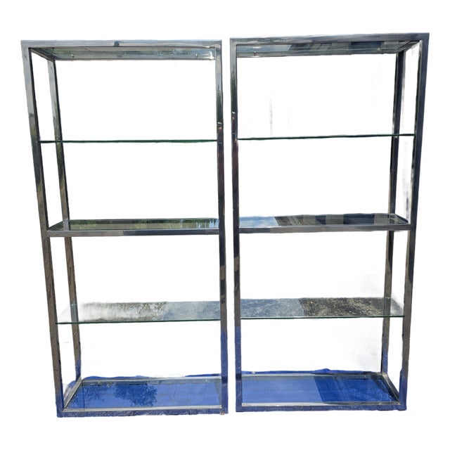 (Pair) McM, 1970s Solid Stainless Steel Flat-Bar Étagères — Milo Baughman / d.i.a. / Brueton Style. For Sale