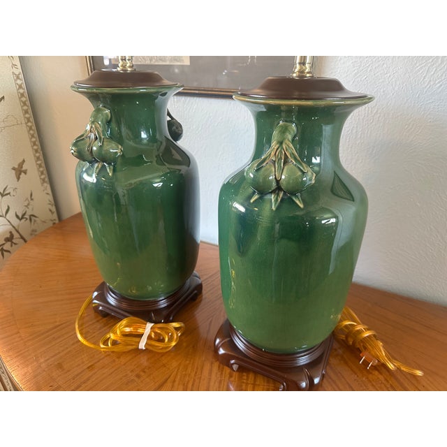Green Vintage Green Glazed Ceramic Urn Lamps With Sculptural Fruit Handles - a Pair For Sale - Image 8 of 8