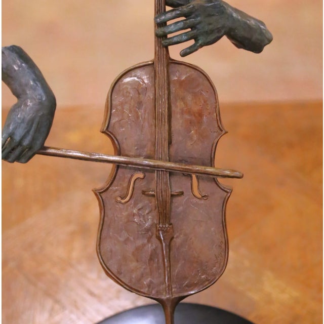 Abstract 1980 Paul Fairley Bronze Abstract Cellist Sculpture on Marble Base For Sale - Image 3 of 11