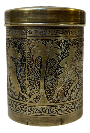 Vintage Indian Tobacco Jar in Engraved Brass, 1970s