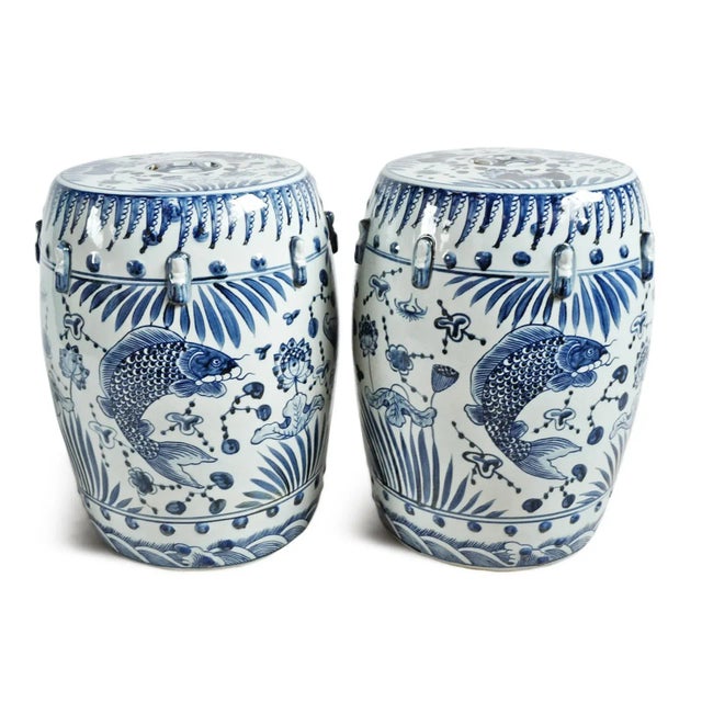 Asian Indigo Blue Fish Floral Ceramic Stool For Sale - Image 3 of 10