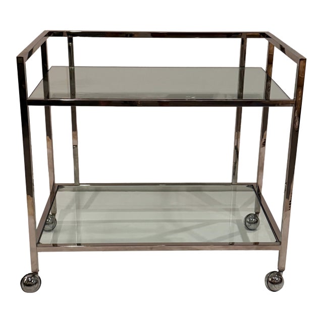 Chrome & Glass Two Tier Vintage Bar Cart on Casters For Sale