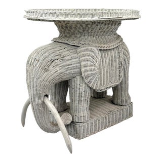 Vintage Woven Rattan Elephant Tray Table For Sale