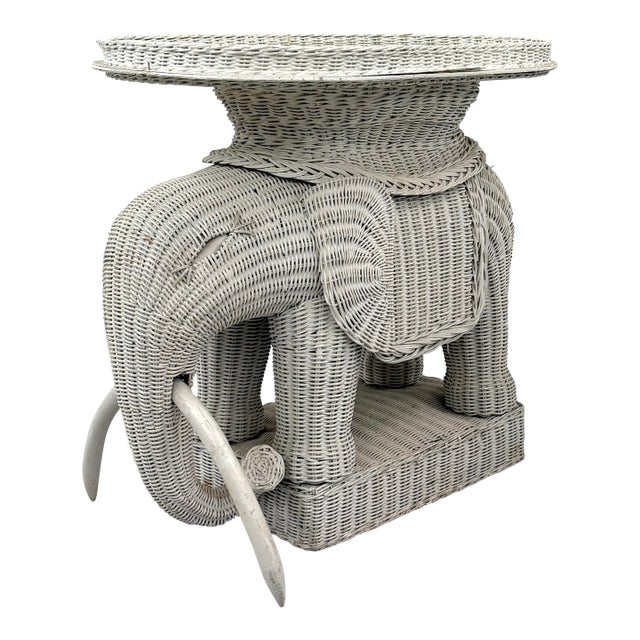 Vintage Woven Rattan Elephant Tray Table For Sale