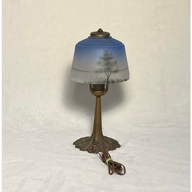 Mid-Century Modern Antique Aladdin Art Nouveau Glass & Cast Metal Reverse Painted Tree Landscape Bourdoir Table Lamp For Sale - Image 3 of 12