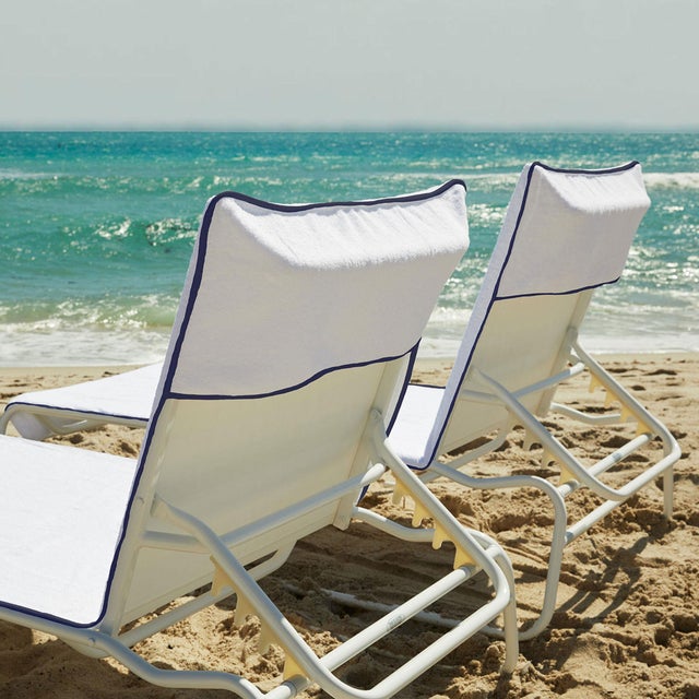Transitional Ducap Lounge Chair Cover, White with Navy Blue Piping For Sale - Image 3 of 5