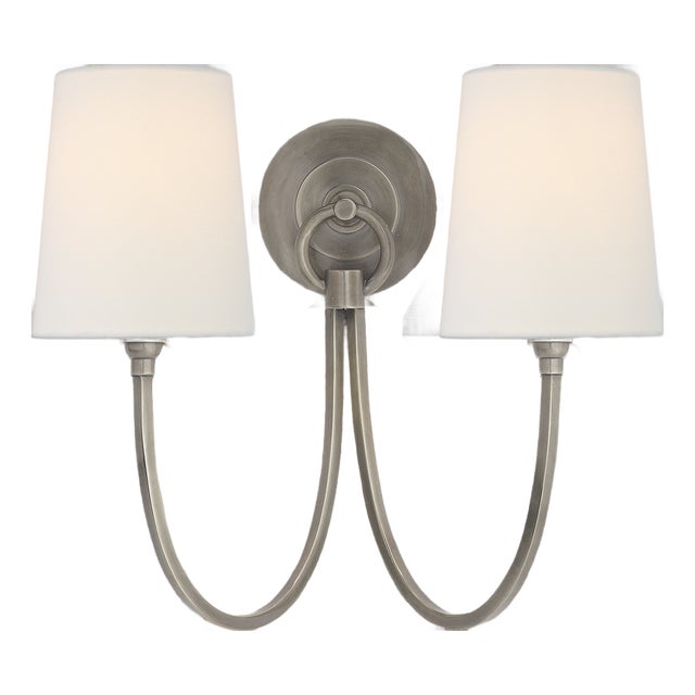 Thomas O'Brien for Visual Comfort Signature Reed Double Sconce in Antique Nickel with Linen Shades For Sale