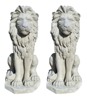 Two Large Tall Architectural Sitting Stone Concrete Lions, a Pair