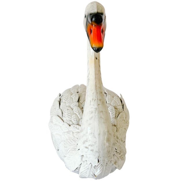 Late 20th Century Shabby Chic White Distressed Sheet Metal Swan Sculptures - A Pair For Sale - Image 9 of 17