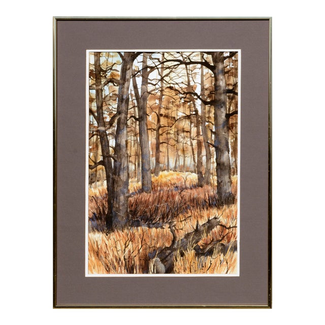Autumn Forest , 1970's Earth-Tone Vertical Landscape Watercolor With Trees by Kay Swanson For Sale