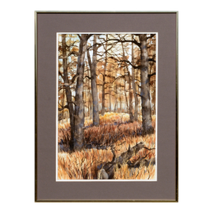 Autumn Forest , 1970's Earth-Tone Vertical Landscape Watercolor With Trees by Kay Swanson