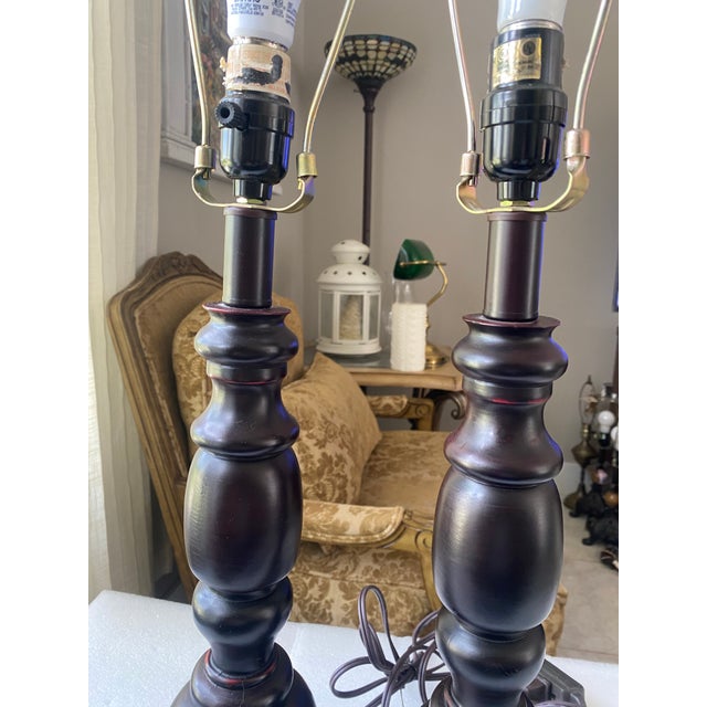 1990s Pair of Vintage-Style Dark Wood-Look Table Lamps For Sale - Image 5 of 9