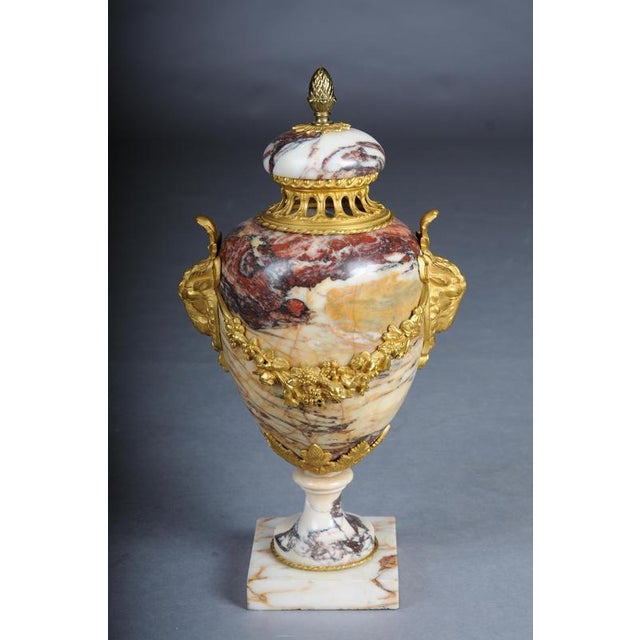 French Ornate Ram's Head Potpourri Vase, Marble with Bronze A decorative potpourri or cassolo vase made of reddish-...
