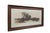 Antique panoramic rural riverscape featuring a cluster of leafy trees, small cottages or farmhouses along the water, a...