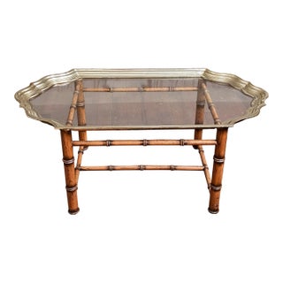 Mid-Century Hollywood Regency Oak Faux Bamboo Cast Brass and Glass Tray Coffee Table For Sale