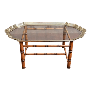 Mid-Century Hollywood Regency Oak Faux Bamboo Cast Brass and Glass Tray Coffee Table