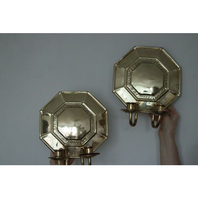 Metal Swedish Octagonal Brass Double Arm Sconces, Set of 2 For Sale - Image 7 of 18