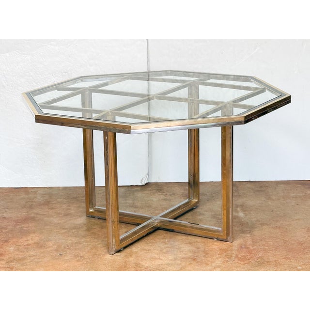 Metal Italian Modern Octagonal Center Table of Chrome and Brass With Glass Top For Sale - Image 7 of 9