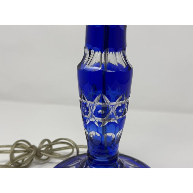 Art Deco Vintage Bohemian-Style Cobalt Blue Cut-to-Clear Glass Table Lamp For Sale - Image 3 of 8