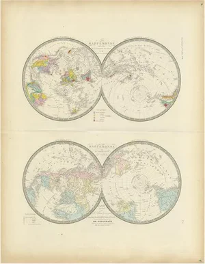 Antique Hemisphere Map of the World by Levasseur, 1875