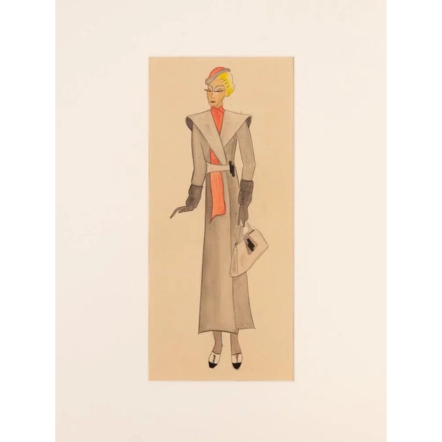 Art Deco Fashion Drawings I, Gouache on Paper, Framed For Sale - Image 6 of 13