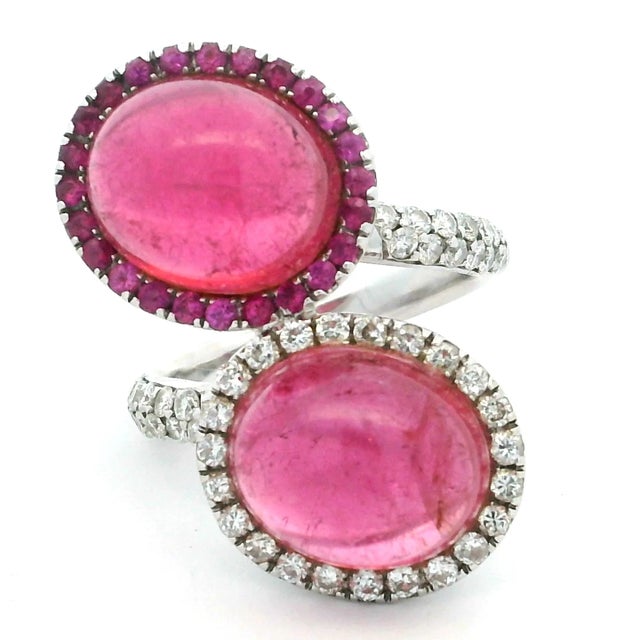 1980s Contemporary 18k White Gold Pink Tourmaline & Diamond Bypass Cocktail Ring, Size 6 For Sale - Image 10 of 10