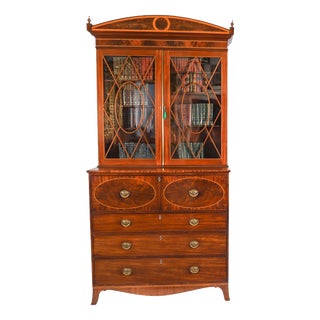 Antique George III Inlaid Flame Mahogany Secretaire Bookcase, 1815 For Sale