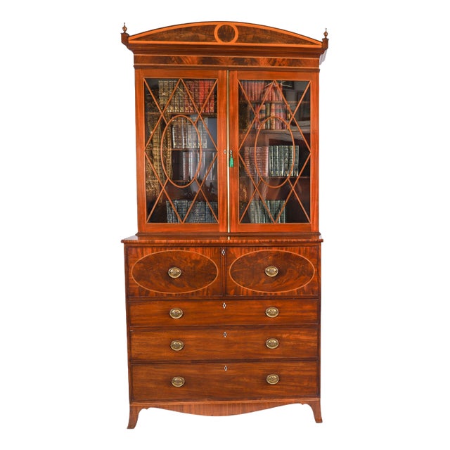 Antique George III Inlaid Flame Mahogany Secretaire Bookcase, 1815 For Sale
