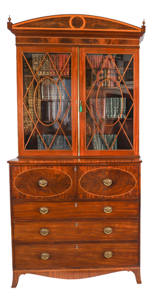Antique George III Inlaid Flame Mahogany Secretaire Bookcase, 1815