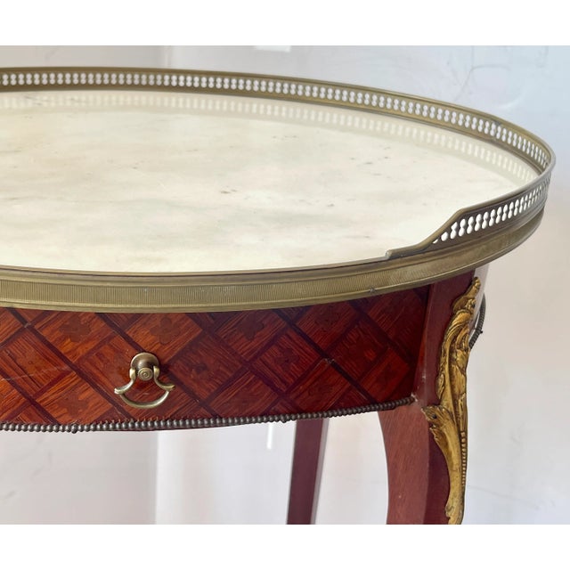 French Marquetry, Brass Gallery & Marble Top Gueridon Table, Early 20Th. C For Sale In West Palm - Image 6 of 18