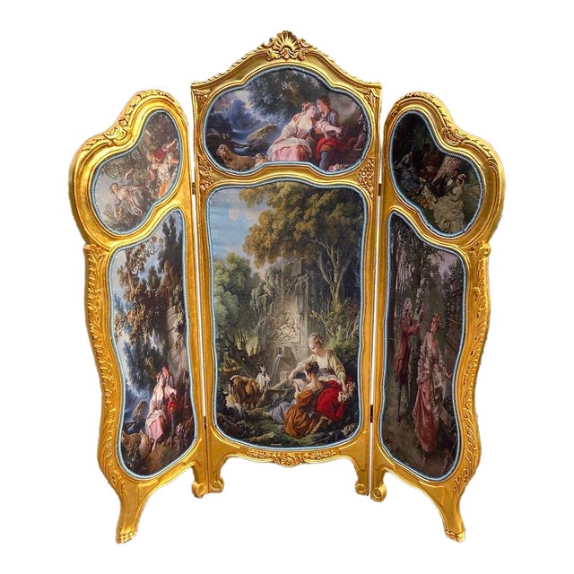 Late 20thC French Louis XVI Gold Beech Room Divider Screen - 3 Panels For Sale