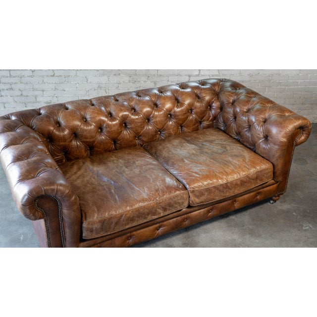 Restoration Hardware Distressed Cigar Leather Kensington Luxe Sofa For Sale In Boston - Image 6 of 17