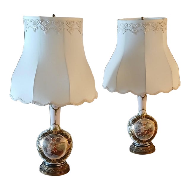 Angel & Child Antique Opaline Hand Painted, Gilt, and Bronze Lamp -a Pair For Sale