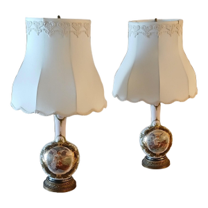 Angel & Child Antique Opaline Hand Painted, Gilt, and Bronze Lamp -a Pair