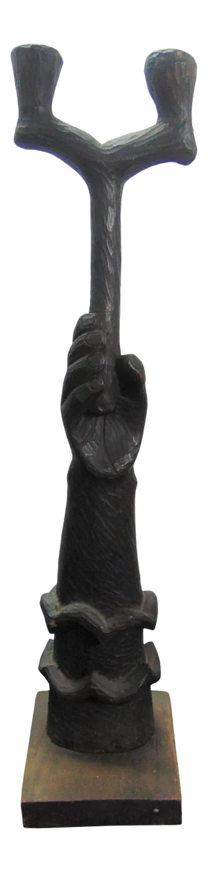 Mid-Century Folk Art Carved Hand Candlestick