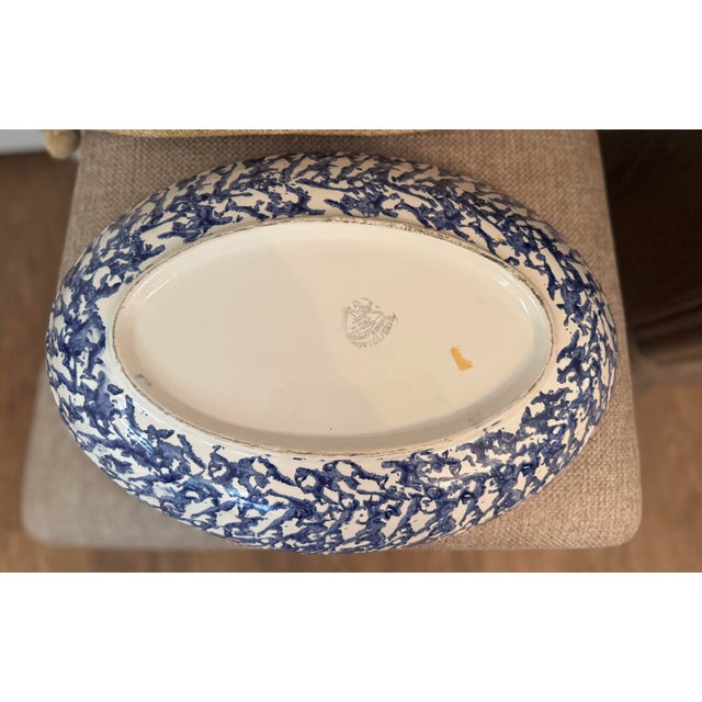Blue Vintage Italian Blue and White Spongeware Oval Serving Platter Made in Italy Rustic European Farmhouse For Sale - Image 8 of 10